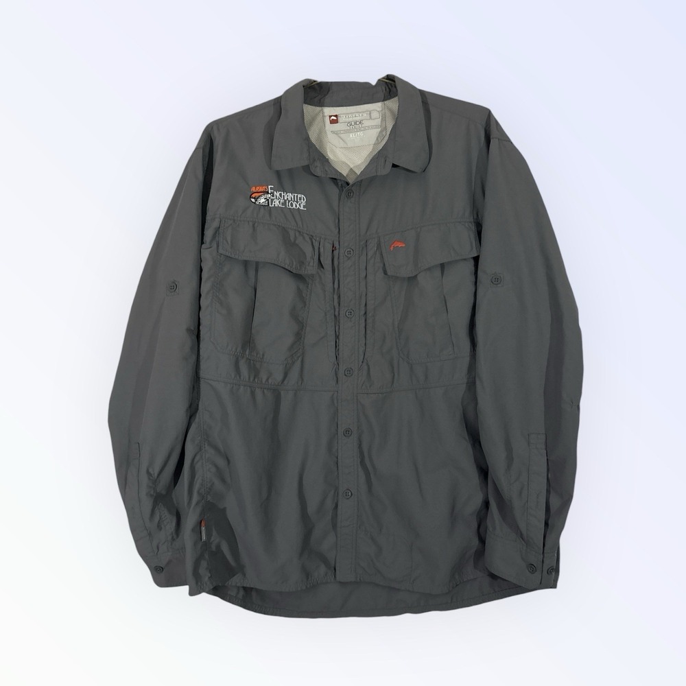 Simms Fishing Shirt Gray Long Sleeve Button Front Logo Vented Outdoor MENS XL